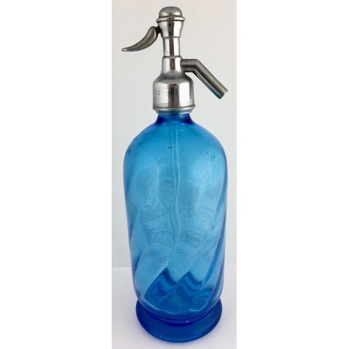 644 - FULHAM SODA SYPHON. 12 ins tall to top of impressed trigger. Pale blue glass, curve lines to body fi... 