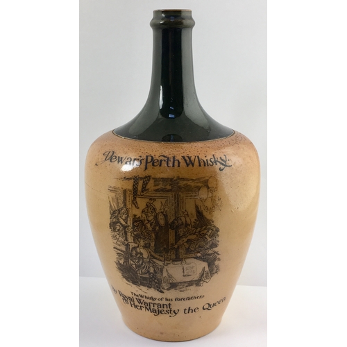 649 - DEWARS PERTH WHISKY JUG. 12ins tall, tapering body, rear handle, green neck & shoulders, lower mid b... 