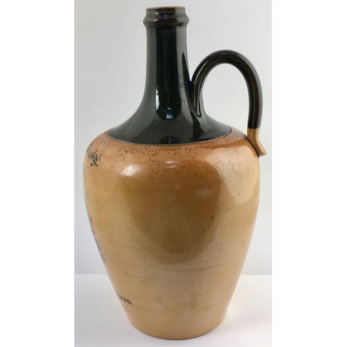 649 - DEWARS PERTH WHISKY JUG. 12ins tall, tapering body, rear handle, green neck & shoulders, lower mid b... 