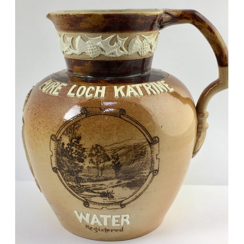 650 - LOCH KATRINE DOULTON WATER JUG. 7.8ins tall, t.t brown variating salt glaze with white sprig additio... 