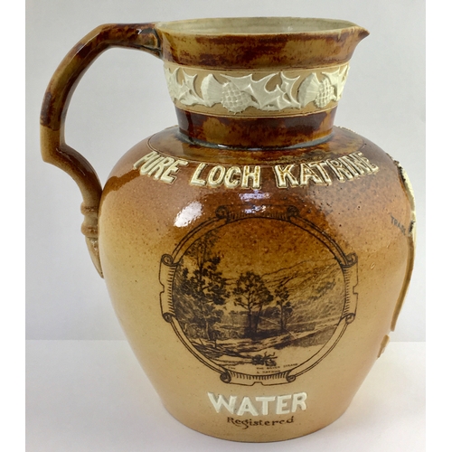 650 - LOCH KATRINE DOULTON WATER JUG. 7.8ins tall, t.t brown variating salt glaze with white sprig additio... 