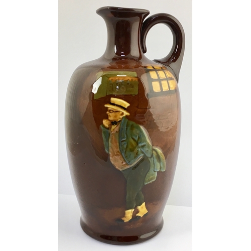 651 - KINGSWARE PICKWICK FLASK. 7.9ins tall. Oviform shape, side handle, brown shiny body, multi-coloured ... 