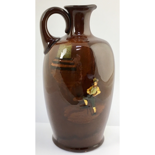 651 - KINGSWARE PICKWICK FLASK. 7.9ins tall. Oviform shape, side handle, brown shiny body, multi-coloured ... 