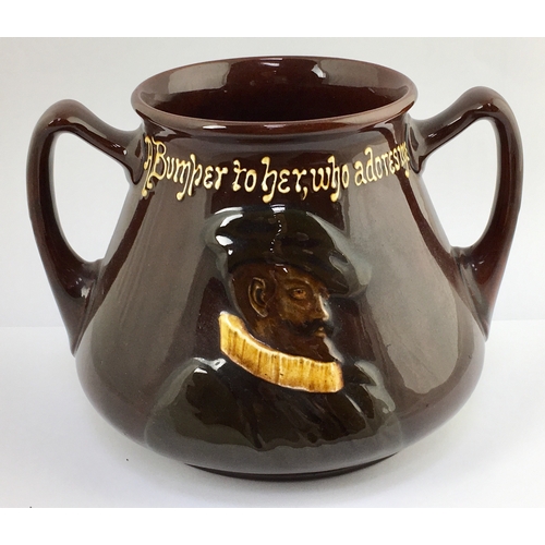 652 - KINGSWARE STYLE DRAKE LOVING CUP? 5.4ins tall, multicoloured pic, piped letters on dark brown shiny ... 