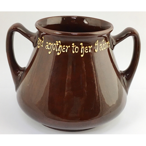 652 - KINGSWARE STYLE DRAKE LOVING CUP? 5.4ins tall, multicoloured pic, piped letters on dark brown shiny ... 