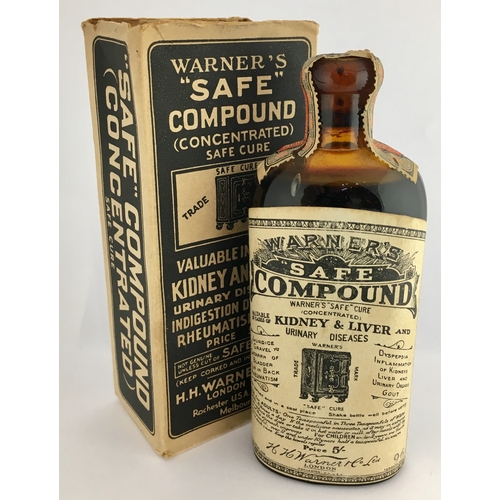 653 - LABELLED WARNERS SAFE COMPOUND. 6ins tall. Amber glass, round shouldered with fully intact, original... 