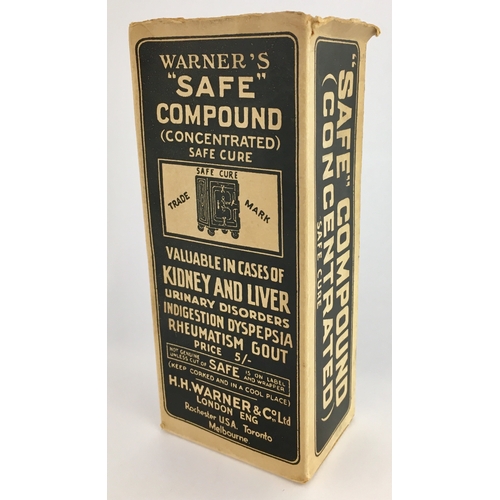 653 - LABELLED WARNERS SAFE COMPOUND. 6ins tall. Amber glass, round shouldered with fully intact, original... 