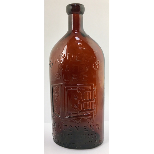 654 - WARNERS THREE CITIES SAFE CURE BOTTLE. 11ins tall. Two pint, red amber glass, long sloping shoulders... 