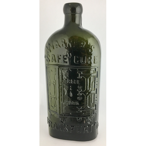 657 - WARNERS SAFE CURE FRANKFURT BOTTLE. 9.25ins tall. One pint, dark green glass, sloping shoulders, sho... 