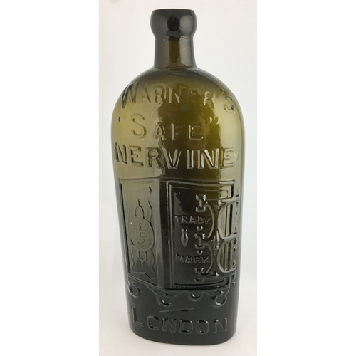 660 - WARNERS SAFE NERVINE BOTTLE. 9.5ins tall. One pint, olive green glass, sloping shoulders, short neck... 