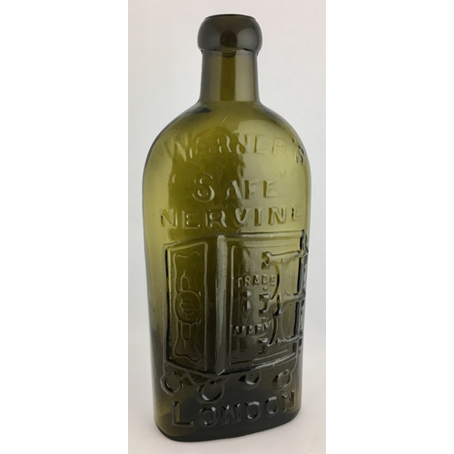 662 - WARNERS SAFE NERVINE BOTTLE. 7.25ins tall. Half pint, olive green glass, sloping shoulders, long nec... 