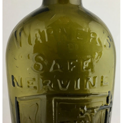 662 - WARNERS SAFE NERVINE BOTTLE. 7.25ins tall. Half pint, olive green glass, sloping shoulders, long nec... 