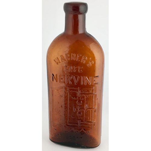 664 - WARNERS SAFE NERVINE ROCHESTER N.Y. BOTTLE. 7.5ins tall. Half pint, red amber glass, sloping shoulde... 