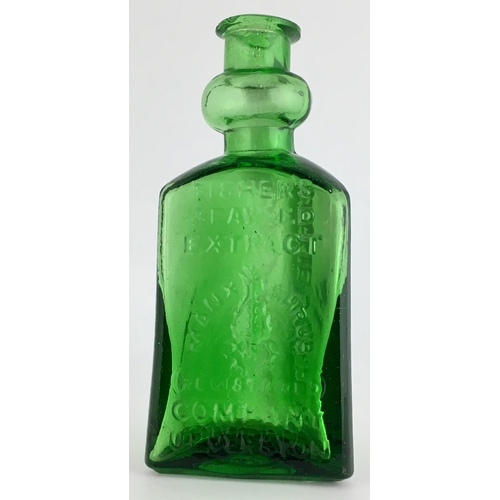 665 - FISHER SEAWEED EXTRACT BOTTLE. 5.25ins tall. Bright green glass, triangular shape, with bulb neck. E... 