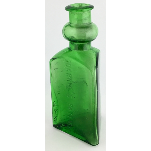 665 - FISHER SEAWEED EXTRACT BOTTLE. 5.25ins tall. Bright green glass, triangular shape, with bulb neck. E... 