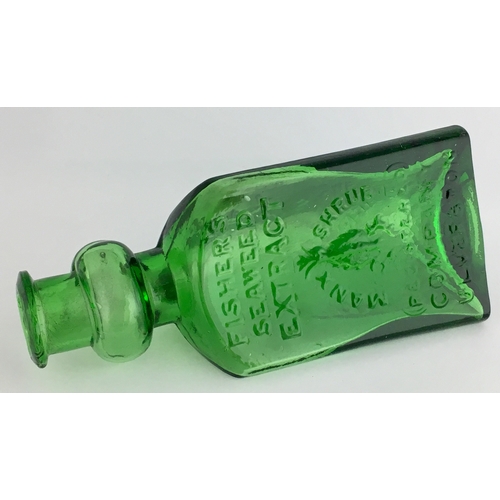 665 - FISHER SEAWEED EXTRACT BOTTLE. 5.25ins tall. Bright green glass, triangular shape, with bulb neck. E... 