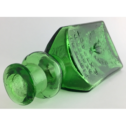 665 - FISHER SEAWEED EXTRACT BOTTLE. 5.25ins tall. Bright green glass, triangular shape, with bulb neck. E... 