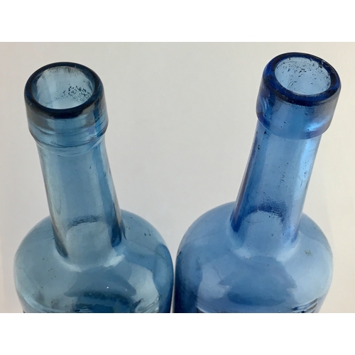 669 - LUTON VETERINARY BOTTLES DUO. 8.25ins tall. Blue glass, rounded shoulders, long necks, one JONES & E... 