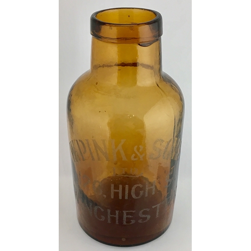 670 - WINCHESTER PHARMACY JAR. 8.25ins tall. Amber glass, cylindrical shape, rounded shoulders, wide neck ... 