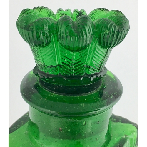 671 - SMELLING SALTS BOTTLE. 4ins tall. Bright green glass, multi facetted cut glass, square body, with im... 