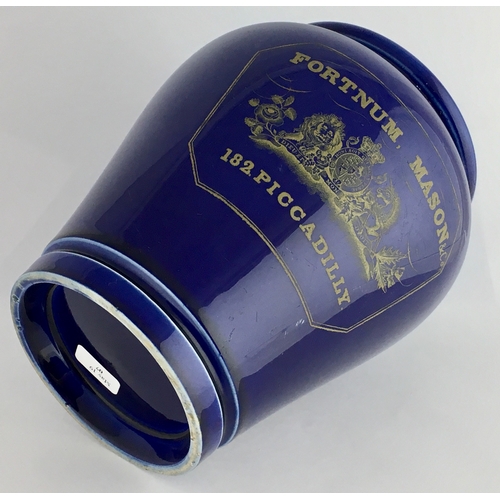 672 - FORTNUM & MASON PHARMACY JAR. 5.5ins tall. Dark blue glaze, tapering jar, wide mouth. Front transfer... 