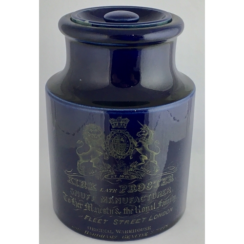 673 - LONDON SNUFF JAR. 5ins tall. Cylindrical shape, lidded jar. Dark blue glaze, front transfer KIRK LAT... 