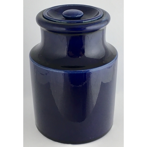 673 - LONDON SNUFF JAR. 5ins tall. Cylindrical shape, lidded jar. Dark blue glaze, front transfer KIRK LAT... 