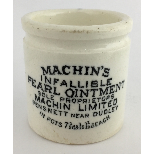 675 - WEST MIDLANDS PEARL OINTMENT POT. 1.5ins tall. Cylindrical shape, black transfer MACHIN’S/ INFALLIBL... 