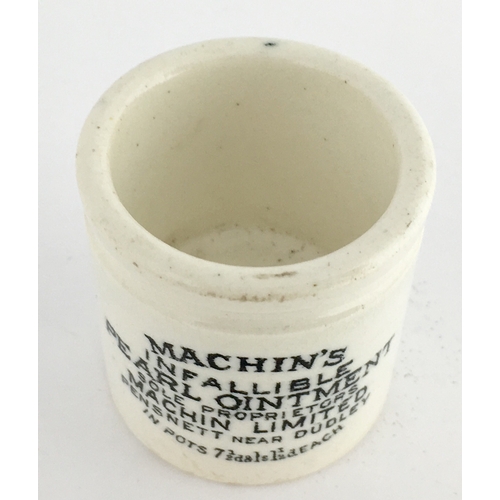 675 - WEST MIDLANDS PEARL OINTMENT POT. 1.5ins tall. Cylindrical shape, black transfer MACHIN’S/ INFALLIBL... 