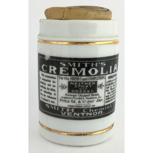 682 - ISLE OF WIGHT CREMOLIA OINTMENT POT. 2.25ins tall. Cylindrical shape, strong black transfer SMITH’S/... 