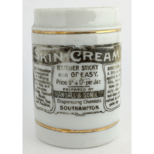 683 - SOUTHAMPTON SKIN CREAM OINTMENT POT. 2.25ins tall. Cylindrical shape, black transfer SKIN CREAM/.../... 