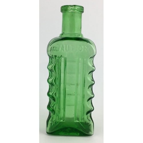 685 - WILSONS PATENT POISON BOTTLE. (DP pg 59) 4.5ins tall. Triangular shape, green glass with scalloped e... 