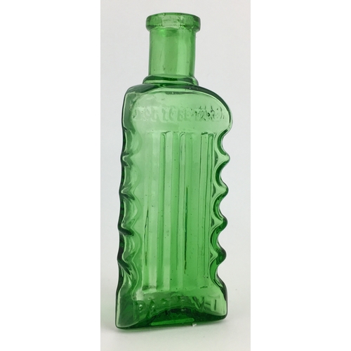 685 - WILSONS PATENT POISON BOTTLE. (DP pg 59) 4.5ins tall. Triangular shape, green glass with scalloped e... 