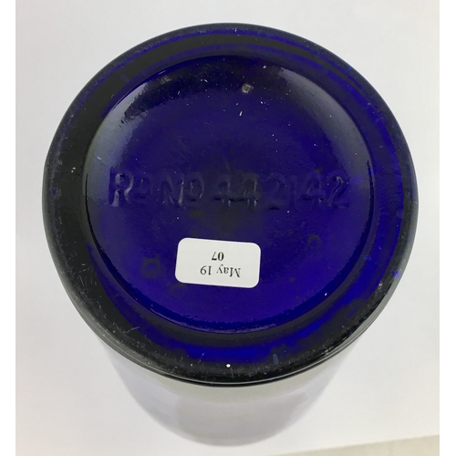 687 - TIPPERS POISON BOTTLE. (DP pg 41) 10.5ins tall. Cylindrical shape, cobalt blue glass, tapering outwa... 