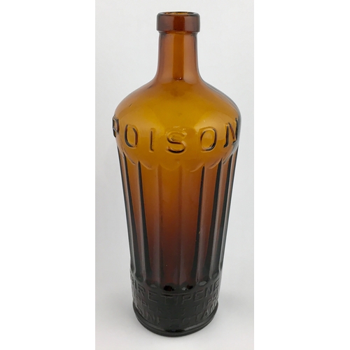 689 - TIPPERS POISON BOTTLE. (DP pg 41) 9ins tall. Cylindrical shape, amber glass, tapering outwards from ... 