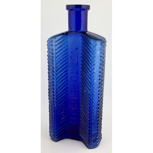 691 - FOULSTON’S CRECENT POISON BOTTLE. (DP pg 57) 6.25ins tall. Cobalt blue glass, crescent shape in sect... 