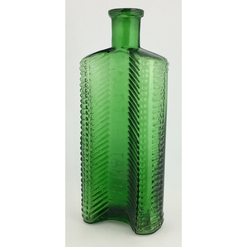 692 - FOULSTON’S CRECENT POISON BOTTLE. (DP pg 57) 6.25ins tall. Green glass, crescent shape in section em... 