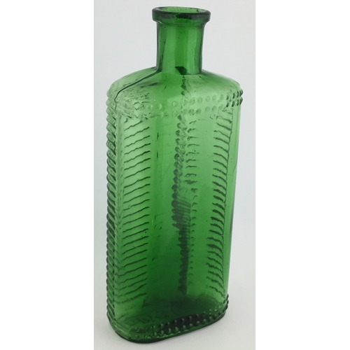 692 - FOULSTON’S CRECENT POISON BOTTLE. (DP pg 57) 6.25ins tall. Green glass, crescent shape in section em... 