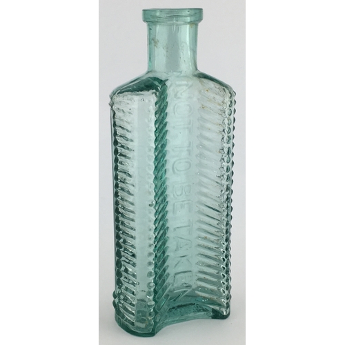 693 - FOULSTON’S CRECENT POISON BOTTLE. (DP pg 57) 5.25ins tall. Aqua glass, crescent shape in section emb... 