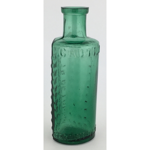 698 - TAYLOR’S PATENT POISON BOTTLE. (DP pg 55) 4.25ins tall. 2oz turquoisey green glass, one half is semi... 