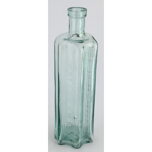 701 - VERTEBRAE POISON BOTTLE. (DP pg 56) 7.25ins tall. Aqua glass, circular section with two vertical nar... 