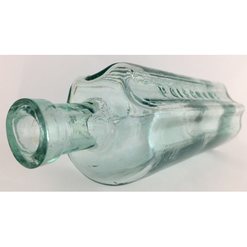 701 - VERTEBRAE POISON BOTTLE. (DP pg 56) 7.25ins tall. Aqua glass, circular section with two vertical nar... 