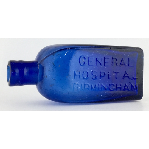 704 - BIRMINGHAM HOSPITAL POISON BOTTLE. 4.25ins tall. Rectangular shape with rounded shoulders, cobalt bl... 