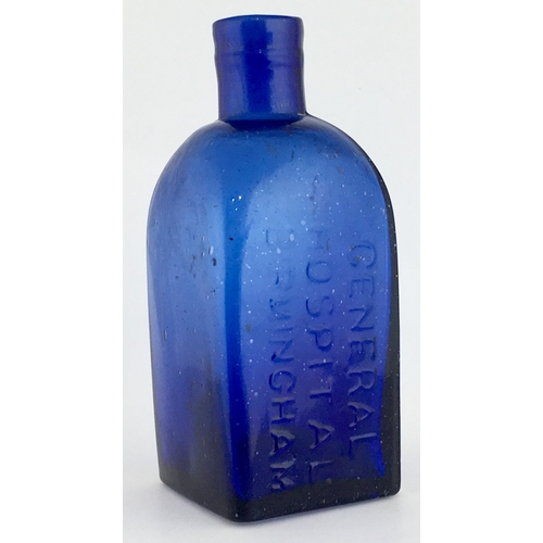 704 - BIRMINGHAM HOSPITAL POISON BOTTLE. 4.25ins tall. Rectangular shape with rounded shoulders, cobalt bl... 