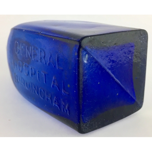 704 - BIRMINGHAM HOSPITAL POISON BOTTLE. 4.25ins tall. Rectangular shape with rounded shoulders, cobalt bl... 