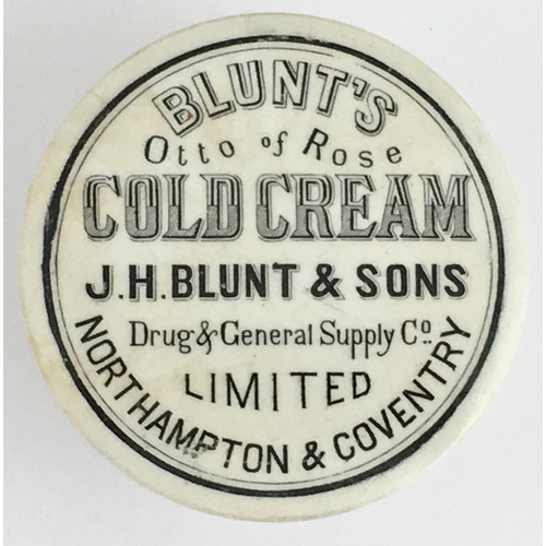 708 - NORTHAMPTON & COVENTRY COLD CREAM POT LID & BASE. (APL pg 465, 5) 3ins diam. Black transfer BLUNT’S/... 