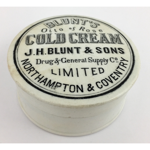 708 - NORTHAMPTON & COVENTRY COLD CREAM POT LID & BASE. (APL pg 465, 5) 3ins diam. Black transfer BLUNT’S/... 