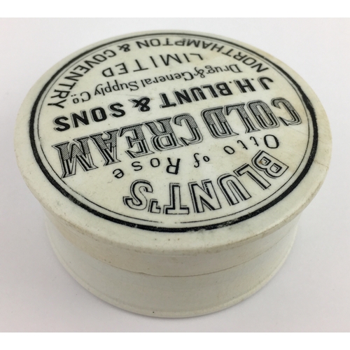 708 - NORTHAMPTON & COVENTRY COLD CREAM POT LID & BASE. (APL pg 465, 5) 3ins diam. Black transfer BLUNT’S/... 