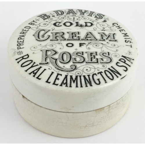 709 - LEAMINGTON SPA COLD CREAM POT LID & BASE. (APL pg 631, 7) 2.5ins diam. Black transfer PREPARED BY B.... 