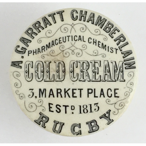 710 - RUGBY COLD CREAM POT LID & BASE. (APL pg 635, 40) 2.5ins diam. Black transfer A. GARRATT CHAMBERLAIN... 